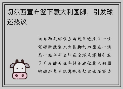 切尔西宣布签下意大利国脚，引发球迷热议